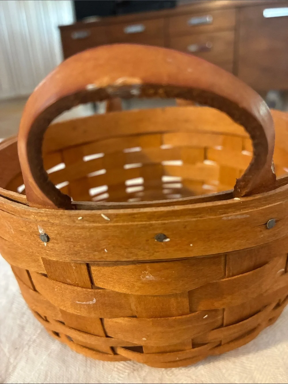 Longaberger Brown Woven Basket Leather Handles About 7x4 Made WELL In Ohio